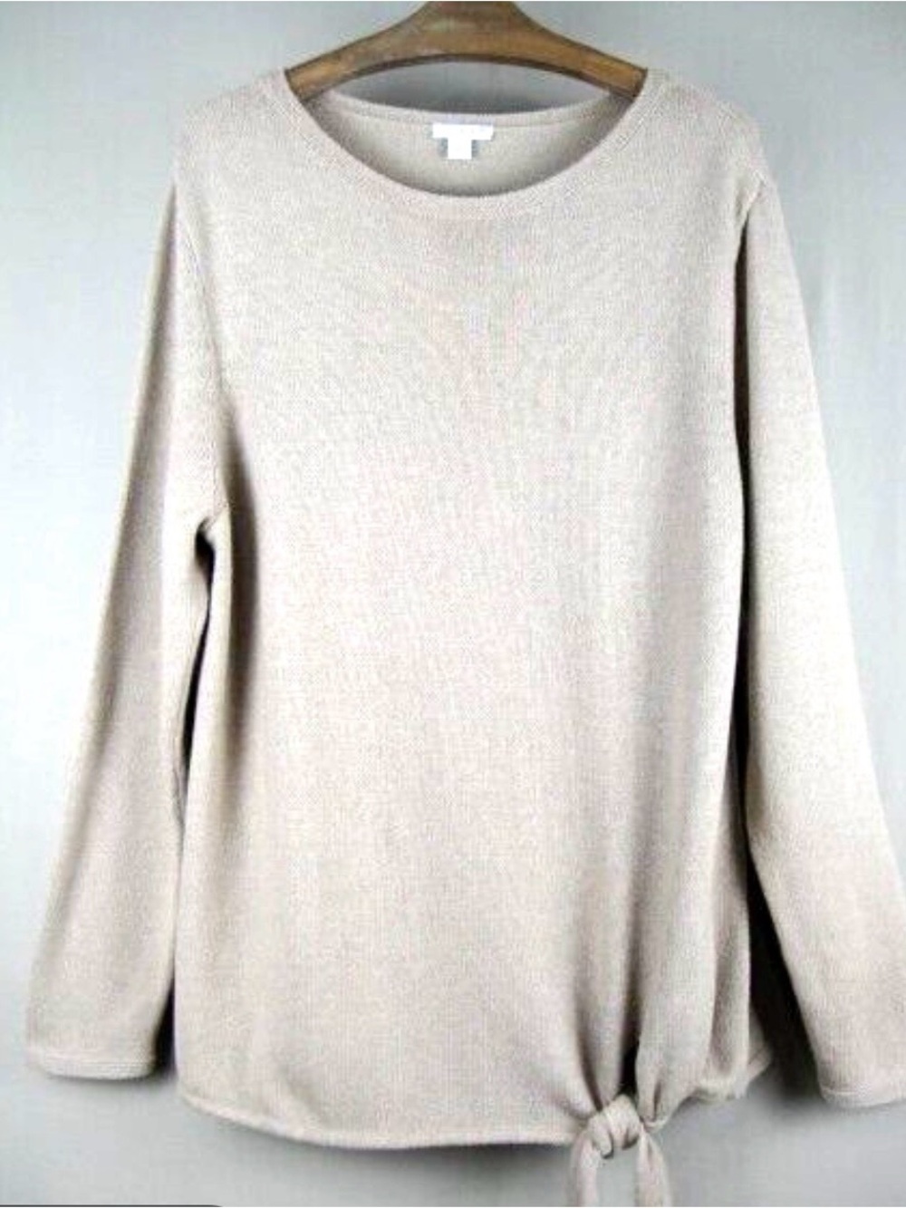 Women's Long Sleeve Tie-Hem Sweater - beige cotton wool L